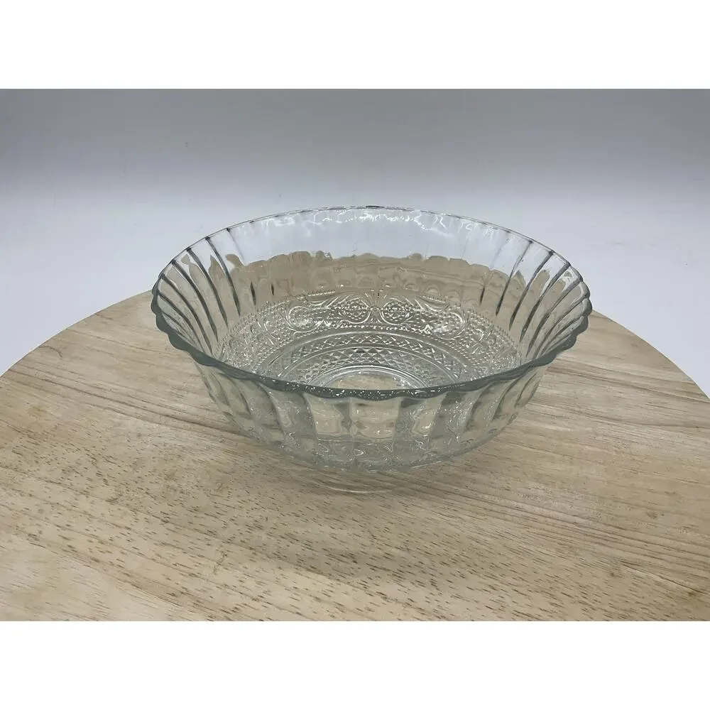 Clear Glass Serving Bowl Round Geometric Pressed Pattern Kitchen Decor‎ Tabletop